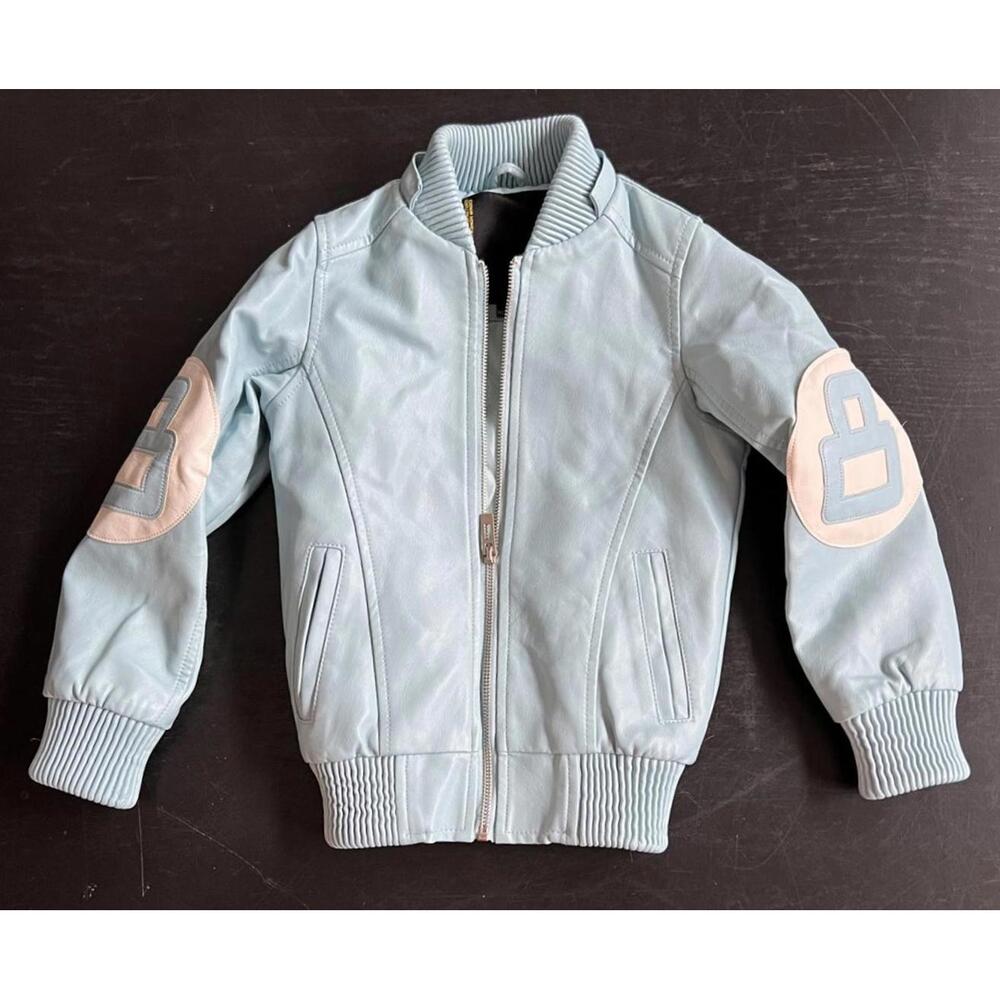 Robert Phillipe Light Blue Faux Leather Bomber Jacket Size 6